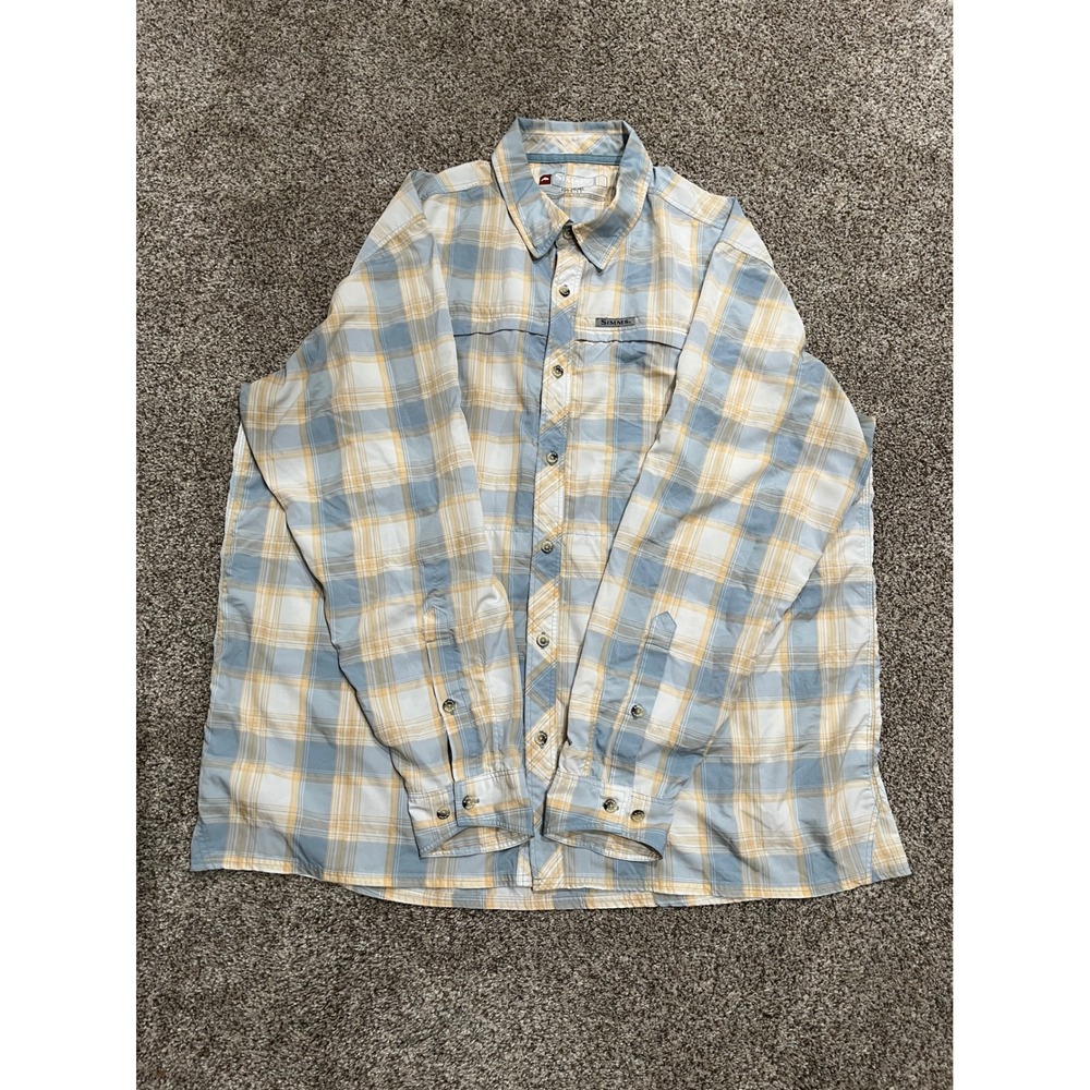 Simms Guide Series Fishing Shirt Mens 2XL Blue Yellow Plaid Long Sleeve Vented